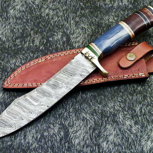 13” Handmade Damascus Bowie Knife | Camel Bone Handle & Leather Sheath