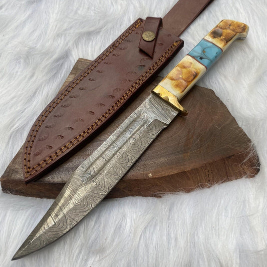 13" Handmade Damascus Bowie Knife – Camel Bone Handle with Leather Sheath