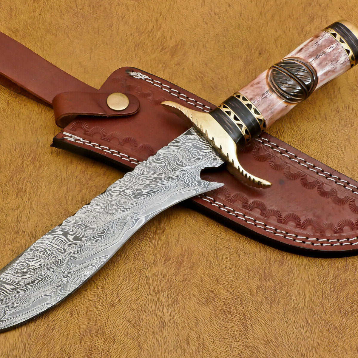 13" Handmade Damascus Bowie Knife Damascus Steel Knife with Camel Bone, Pakka Wood Handle, Brass Guard,  & Leather Sheath