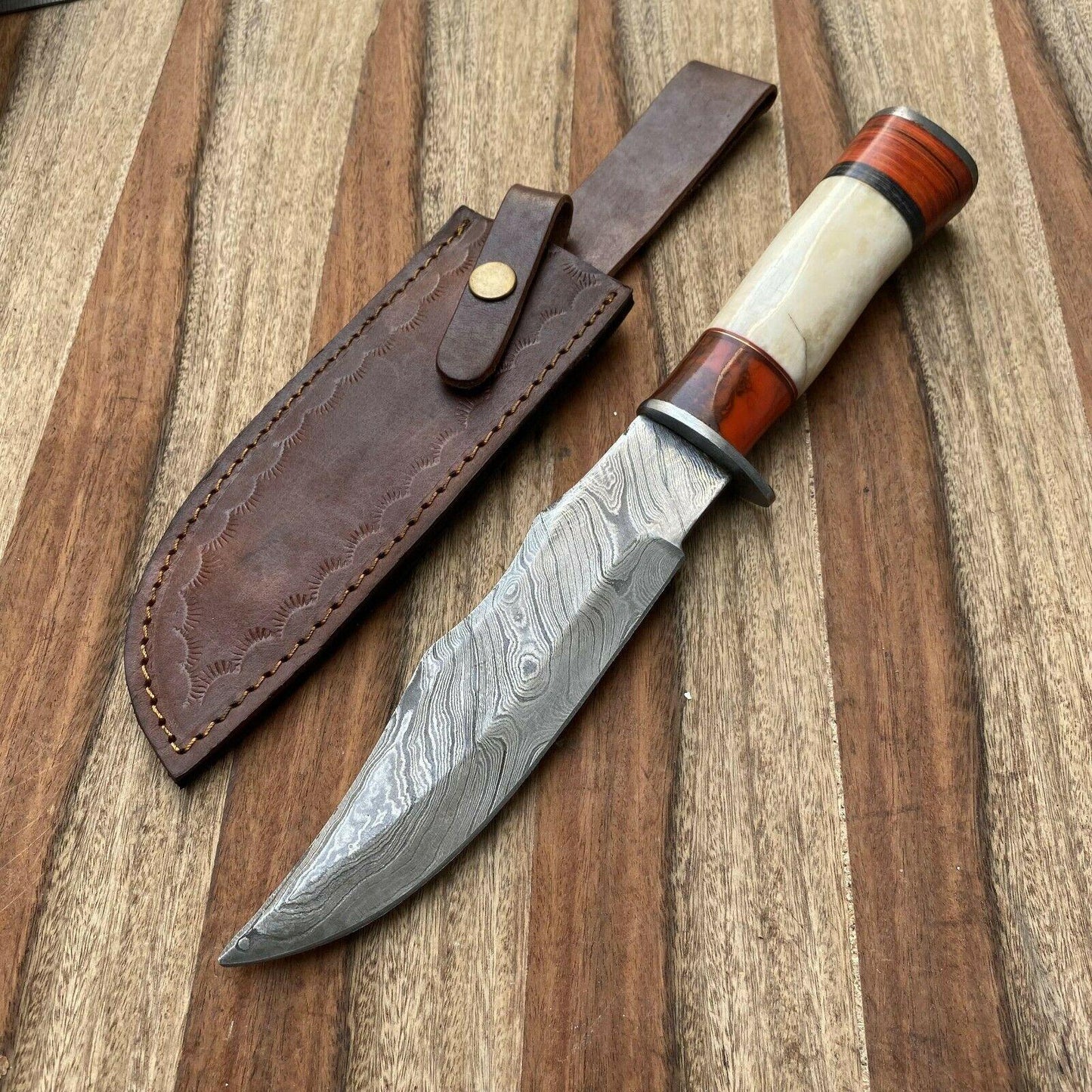 13" Handmade Damascus Bowie Knife Damascus Steel Knife with Leather Sheath
