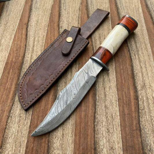 13" Handmade Damascus Bowie Knife Damascus Steel Knife with Leather Sheath