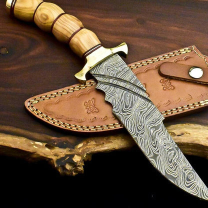 13" Handmade Damascus Bowie Knife | Olive Wood Handle & Leather Sheath
