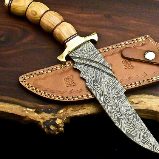 13" Handmade Damascus Bowie Knife | Olive Wood Handle & Leather Sheath
