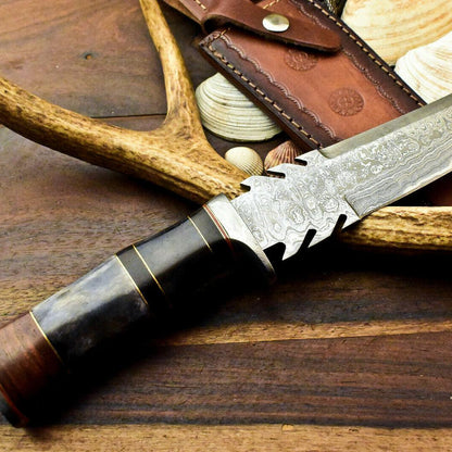 13" Handmade Damascus Bowie Knife – Stained Camel Bone Handle with Leather Sheath