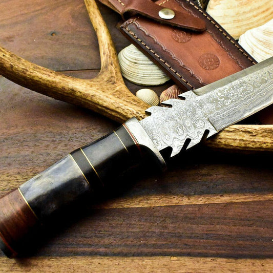 13" Handmade Damascus Bowie Knife – Stained Camel Bone Handle with Leather Sheath