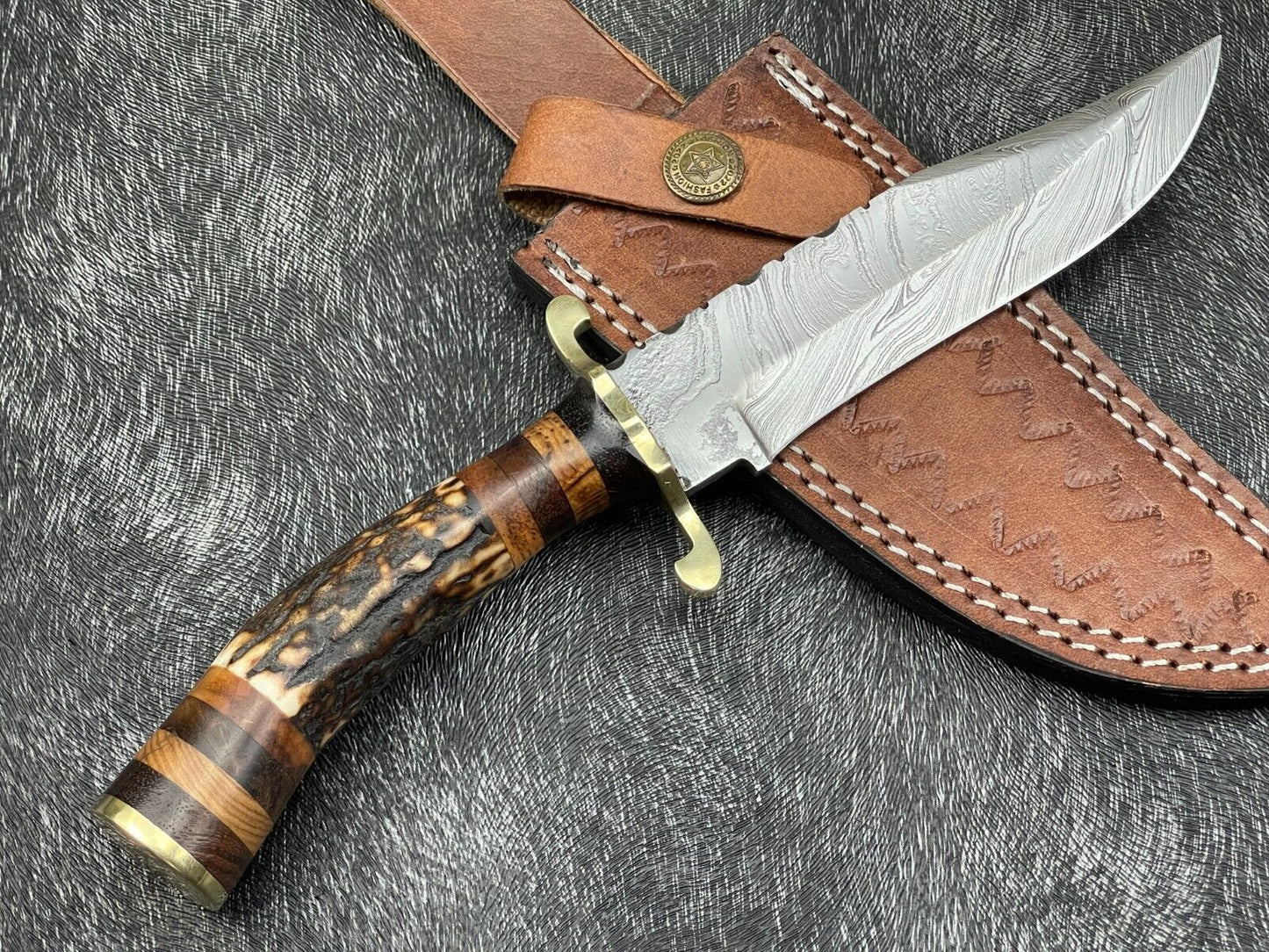 13" Handmade Damascus Bowie Knife With Stag Horn and Wood Handle Bowie Knife