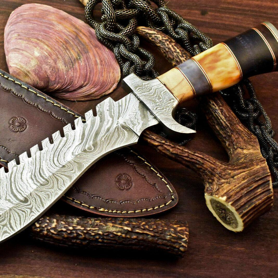 13” Handmade Damascus Bowie Knife with Camel Bone Handle