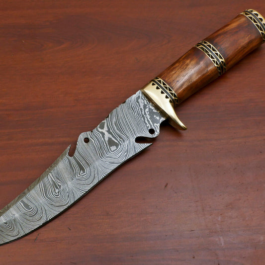 13" Handmade Damascus Bowie Knife with Rosewood Handle & Brass Guard