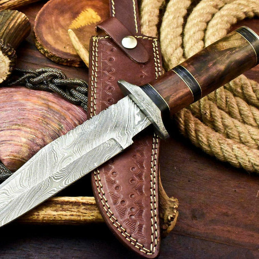 13" Handmade Damascus Bowie – Walnut Wood Hunting Knife with Leather Sheath