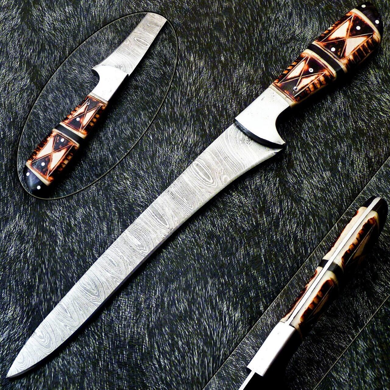 13" Handmade Damascus Chef Fillet Knife – Camel Bone Handle, Professional Kitchen & Hunting Knife