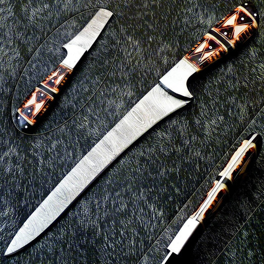 13" Handmade Damascus Chef Fillet Knife – Camel Bone Handle, Professional Kitchen & Hunting Knife