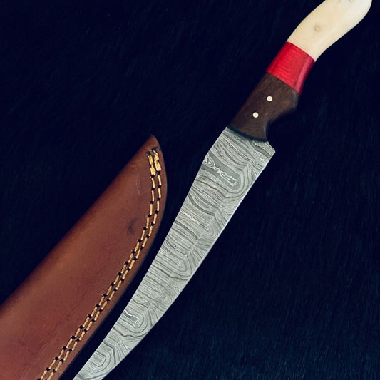 13" Handmade Damascus Fillet Knife – Camel Bone & Wood Handle, Twist Pattern Blade