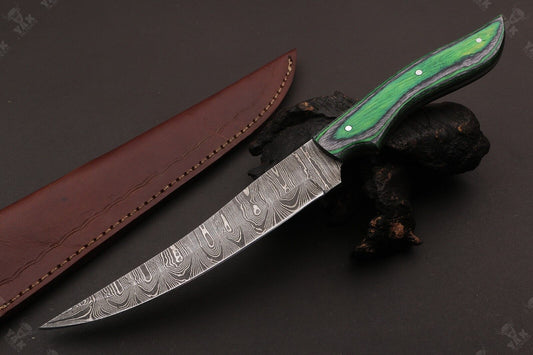 13" Handmade Damascus Fillet Knife Custom Fillet Knife With Pakka Wood Handle & Sheath