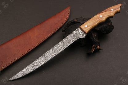 13" Handmade Damascus Fillet Knife Damascus Steel Fillet Knife for Kitchen With Leather Sheath