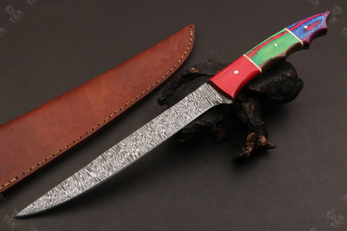 13" Handmade Damascus Fillet Knife Fire Damascus Steel Fillet Knife W/Sheath