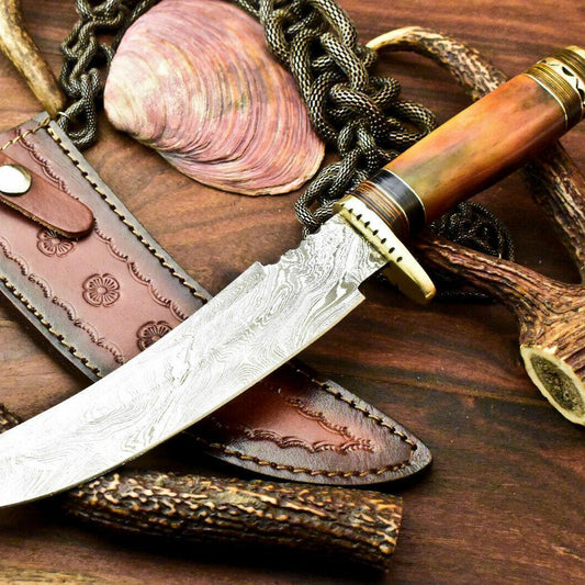 13" Handmade Damascus Hunting Bowie Knife | Stained Camel Bone Handle