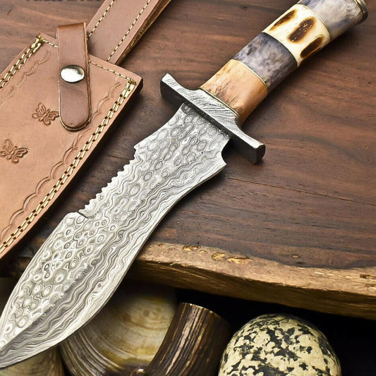 13" Handmade Damascus Steel Bowie Hunting Knife – Camel Bone Handle
