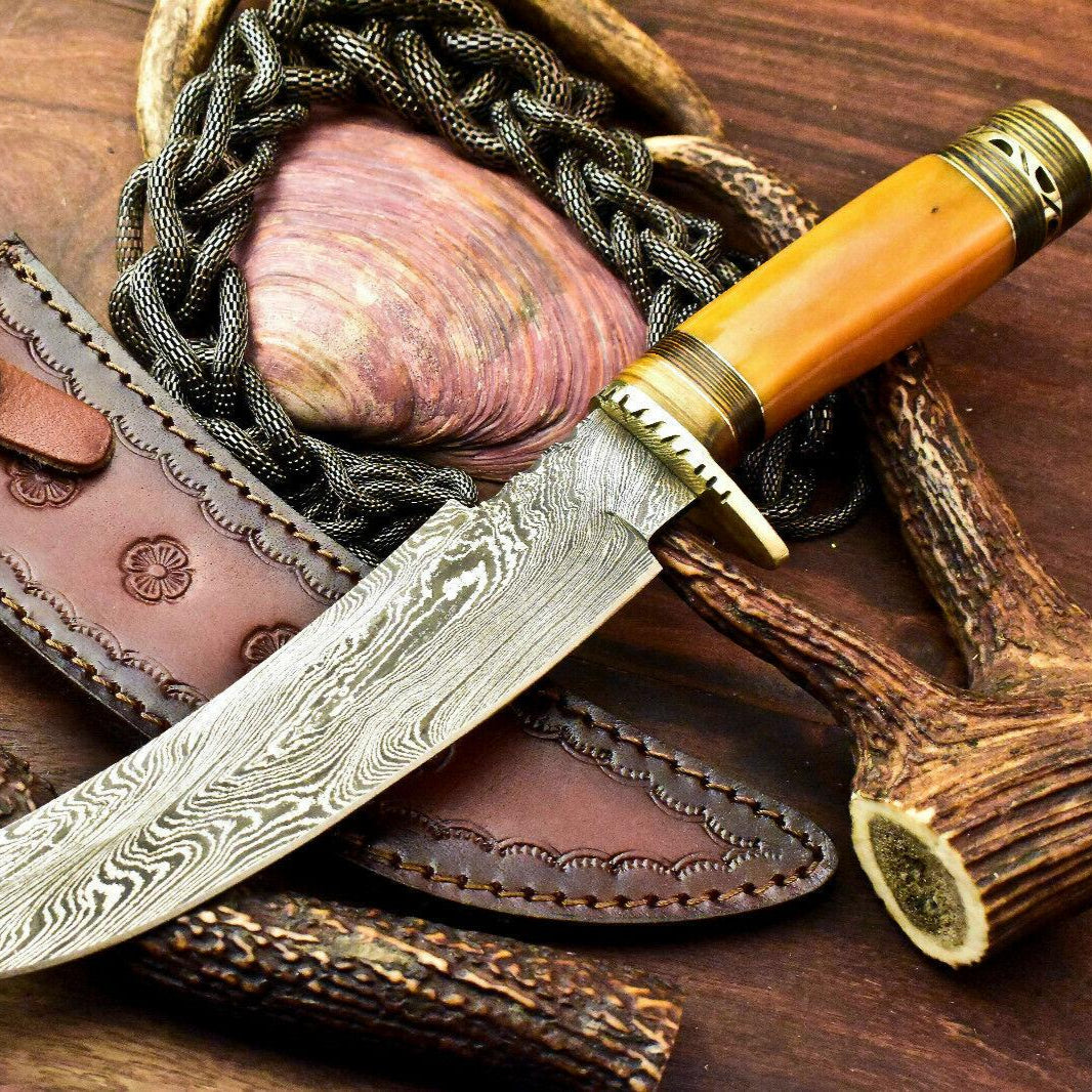 13" Handmade Damascus Steel Bowie Hunting Knife | Stained Camel Bone