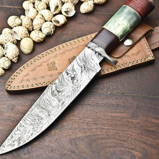 13" Handmade Damascus Steel Bowie Knife | Camel Bone Handle