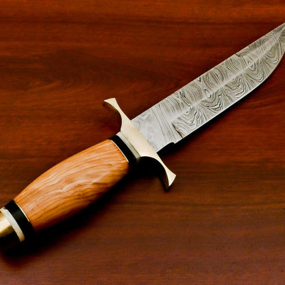 13" Handmade Damascus Steel Bowie Knife – Olive Wood Handle & Brass Guard