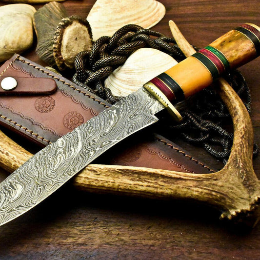 13" Handmade Damascus Steel Bowie Knife | Stained Camel Bone Handle