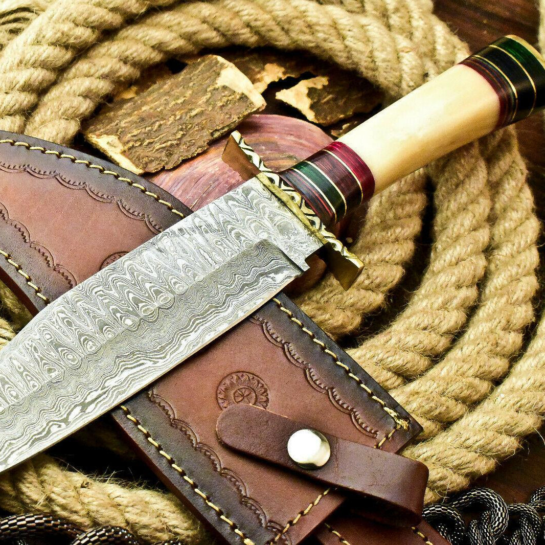  13" Handmade Damascus Steel Bowie Knife – Stained Camel Bone Handle & Leather Sheath