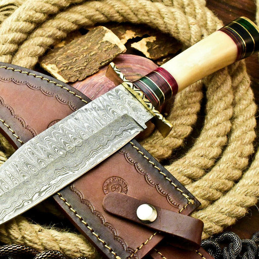  13" Handmade Damascus Steel Bowie Knife – Stained Camel Bone Handle & Leather Sheath