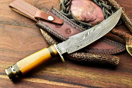13" Handmade Damascus Steel Bowie Knife With Stained Camel Bone Handle & Leather Sheath