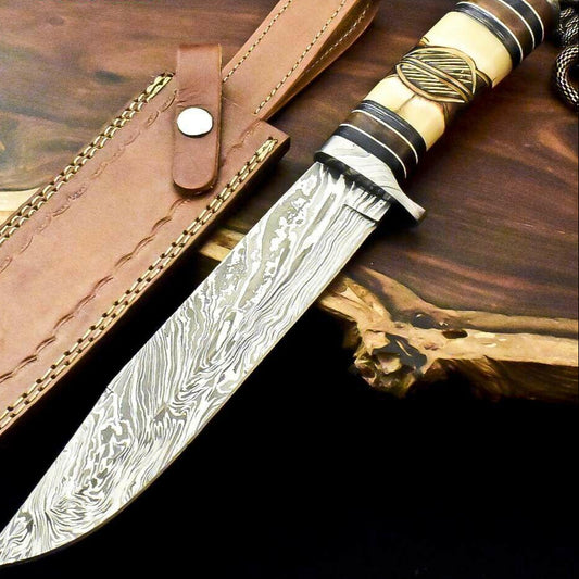  13" Handmade Damascus Steel Bowie Knife with Camel Bone Handle