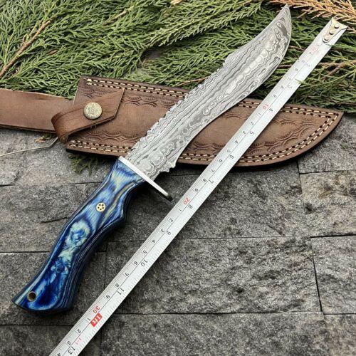 13" Handmade Damascus Steel Bushcraft Bowie Machete – Wood Handle & Leather Sheath