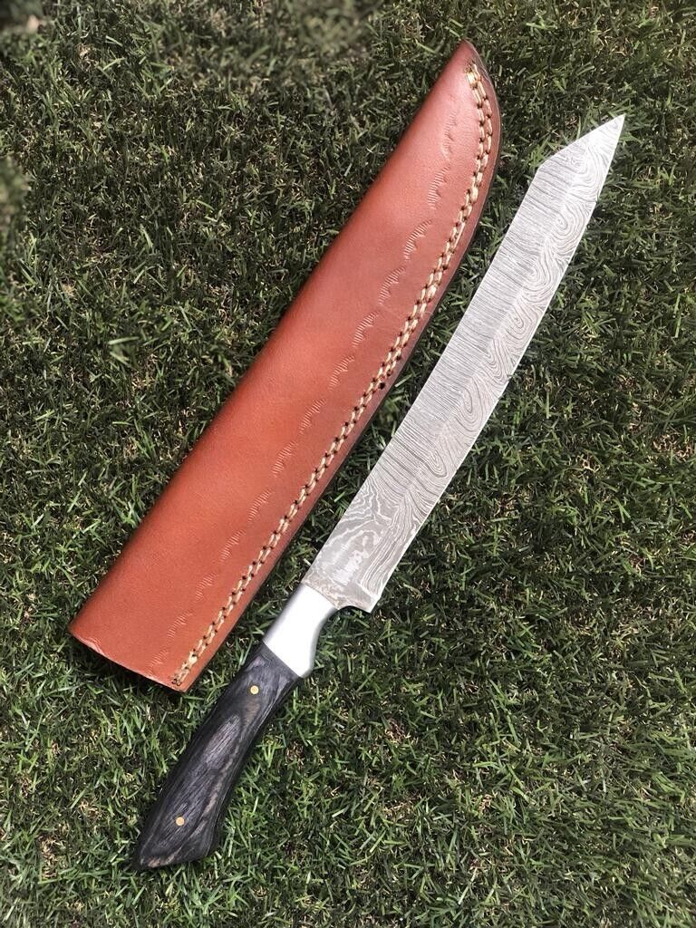 13" Handmade Damascus Steel Chef and Fillet Knife with Leather Sheath  Damascus Chef Knife