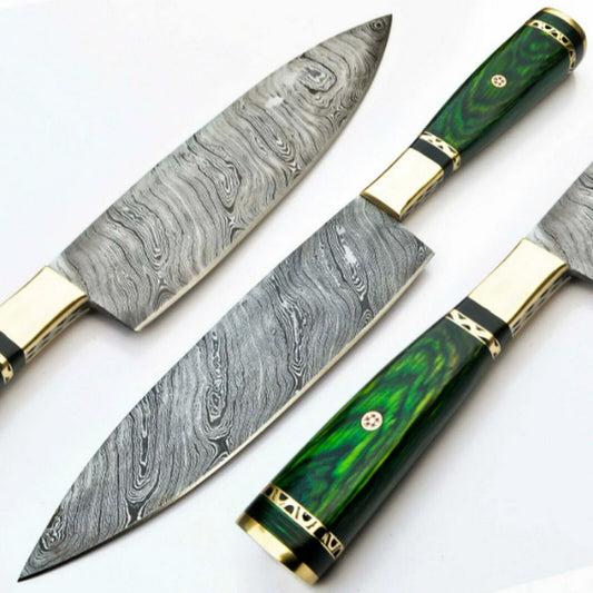 13" Handmade Damascus Steel Kitchen Chef Knife – Oak Wood Handle with Leather Sheath for Cooking, Camping & Hunting