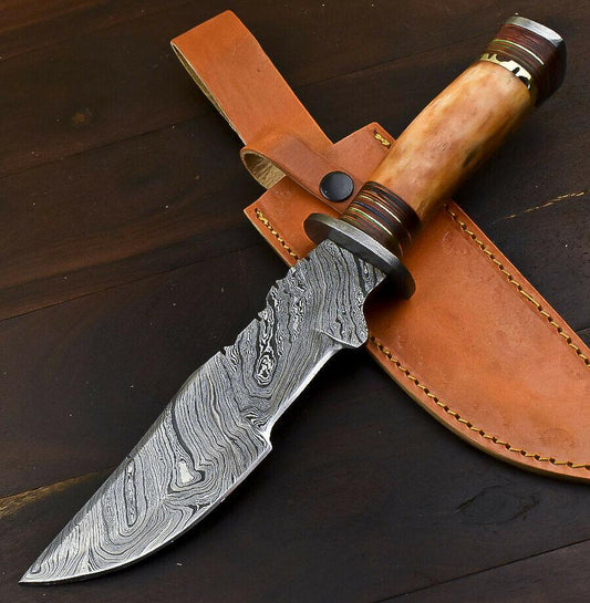 13" Handmade Damascus Steel Tanto Bowie Knife with Camel Bone Handle