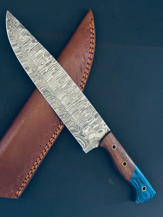 13" Handmade Fire Storm Damascus Steel Chef Knife – Kitchen Fillet Knife with Wood & Bone Handle
