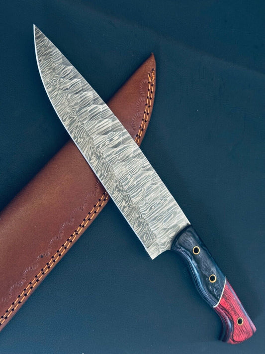 13" Handmade Fire Storm Damascus Steel Chef Knife – Kitchen Fillet Knife with Wood & Bone Handle