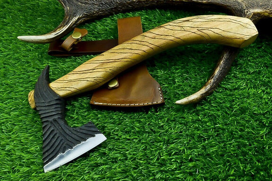 13” Handmade Steel Axe Viking Bearded Axe with Olive Wood Handle & Leather Sheath