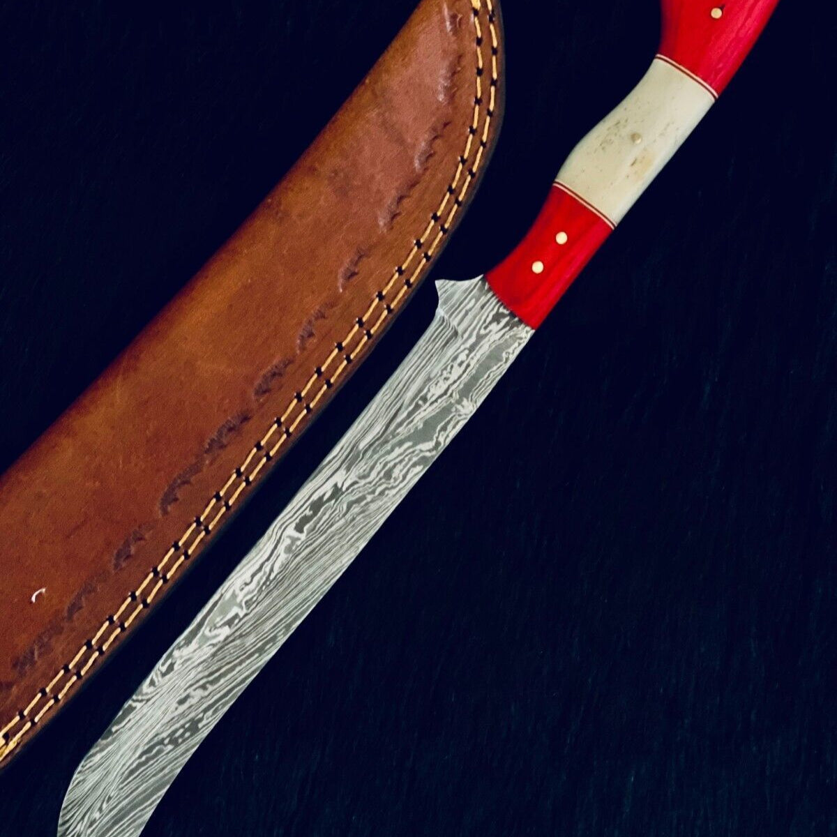 13" Handmade Twist Damascus Steel Brisket Fillet Bowie Knife – Camel Bone & Wood Handle