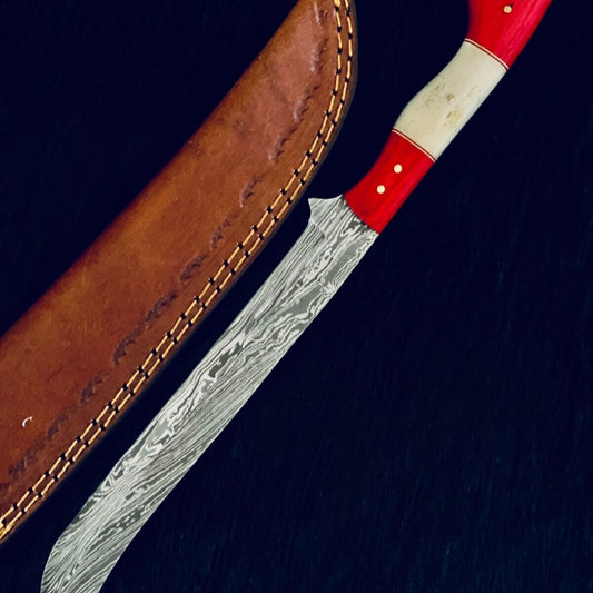 13" Handmade Twist Damascus Steel Brisket Fillet Bowie Knife – Camel Bone & Wood Handle