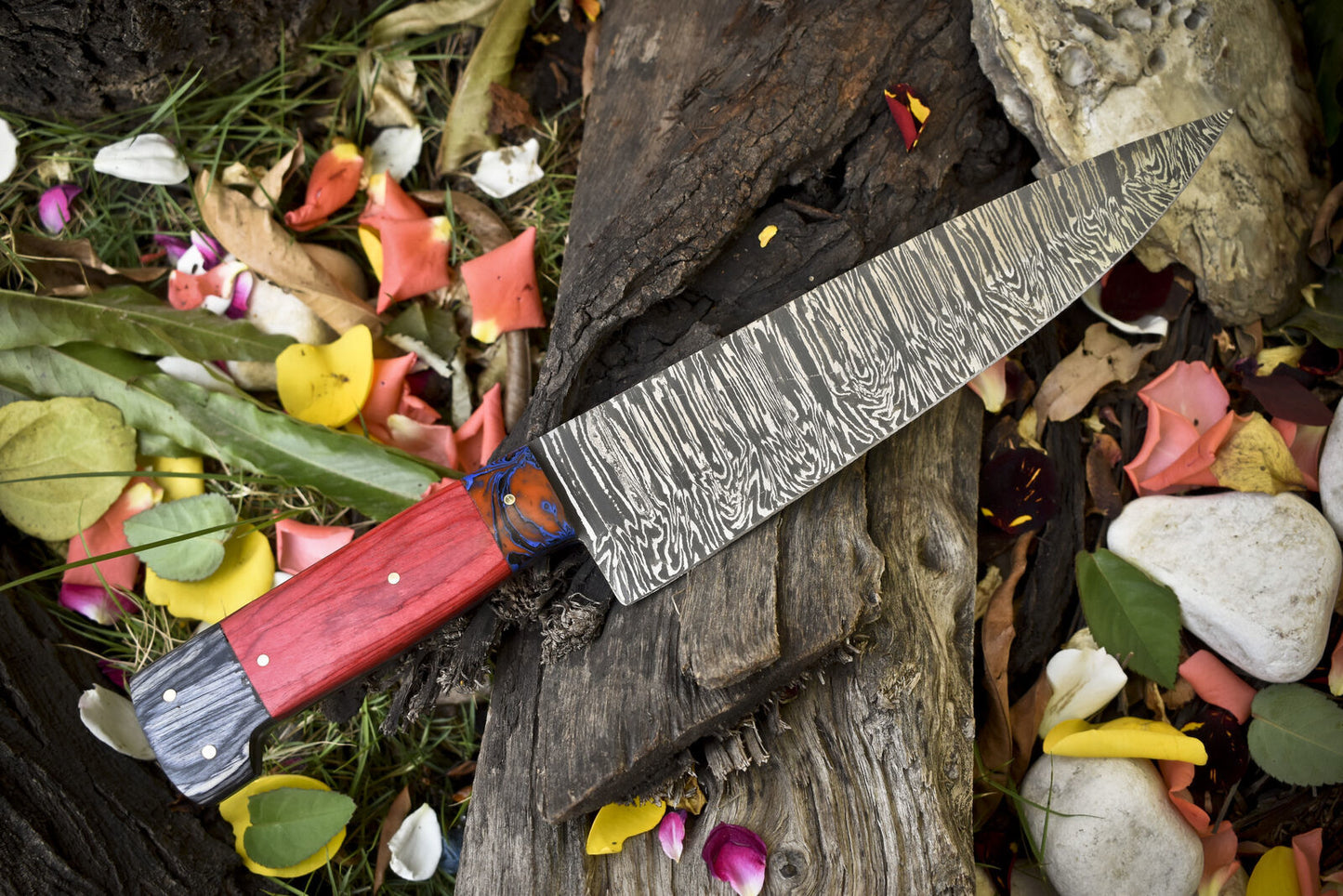 13" Handmade Twist Damascus Steel Chef Knife – Hard Wood Handle with Micarta Bolster