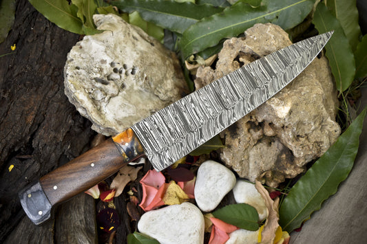13" Handmade Twist Pattern Damascus Steel Chef Knife – Walnut Wood Handle & Micarta Bolster