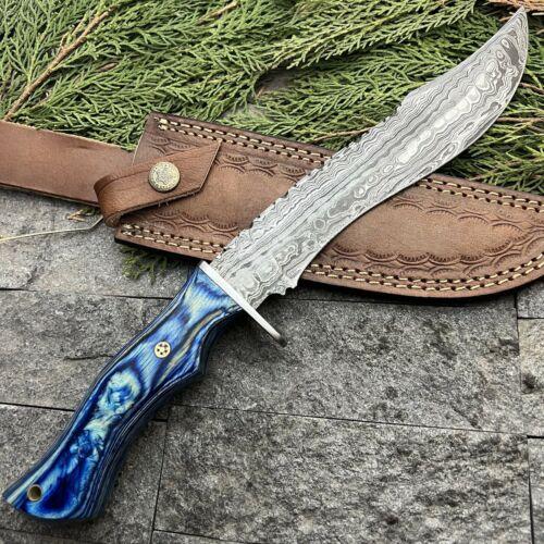 13" Handmade damascus bowie Knife damascus steel knife with Wood Handle & Leather Sheath