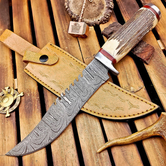 13" Heritage Forge Damascus Bowie Knife | Stag Antler & Steel Bolster