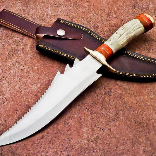 13 Inch Custom Handmade D2 Steel Bowie Hunting Knife with Camel Bone Handle
