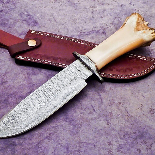 13 Inch Custom Handmade Damascus Steel Bowie Knife with Camel Bone Handle and Steel Guard
