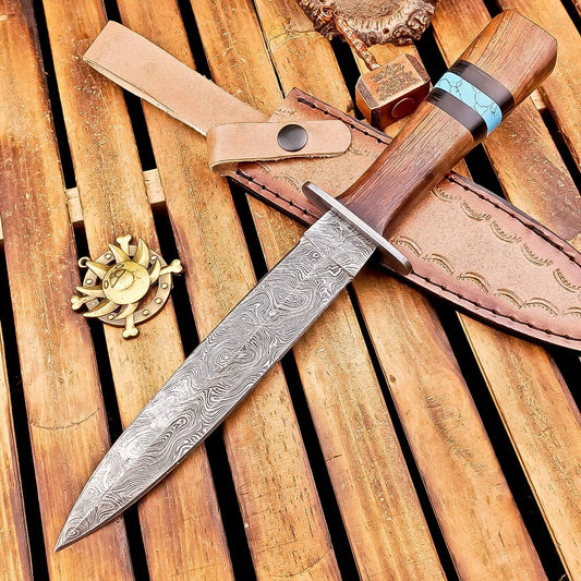  13 Inch Damascus Steel Dagger Hunting Knife with Wood Handle and Sheath