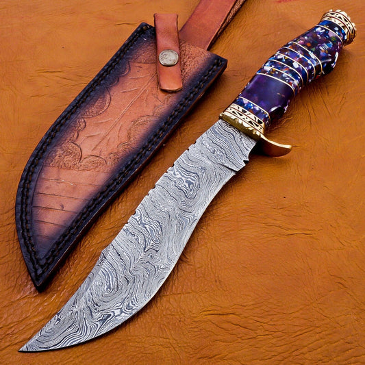13 Inch Damascus Steel Hunting Bowie Knife with Resin and Brass Handle