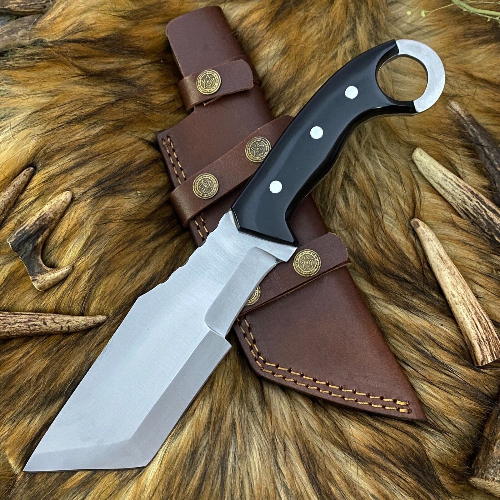 13 Inch Hand Forged D2 Steel Tanto bowie Hunting Knife with Bull Horn Handle