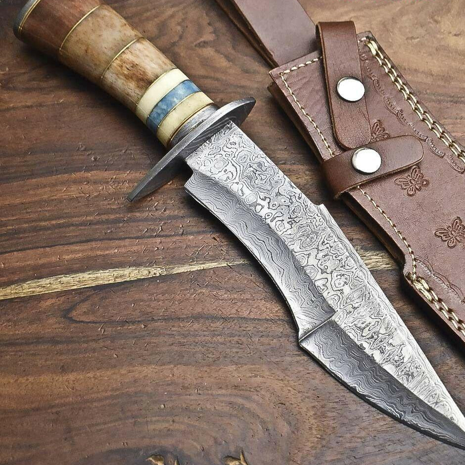 13 Inch Handmade Damascus Bowie Knife with Camel Bone Handle for Hunting