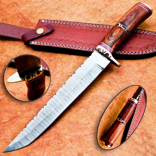 13 Inch Handmade Damascus Bowie Knife with Hardwood and Natural Wood Handle