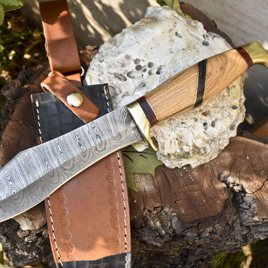 13 Inch Handmade Damascus Steel Bowie Knife with Olive Wood Handle and Leather Sheath